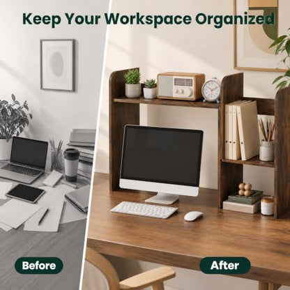 Extendable Desktop Bookshelf, Dorm Desk Hutch (Rustic Brown)