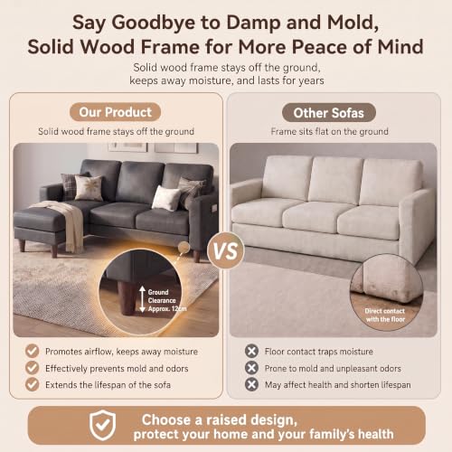 72" L Shaped Sofa Couches for Small Spaces, Apartment Charcoal Gray