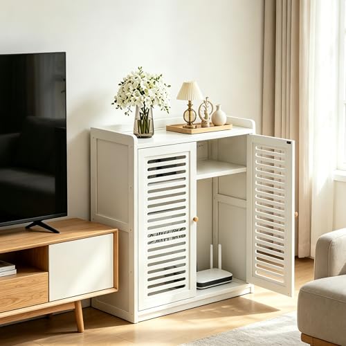 Router Storage Cabinet with Adjustable Shelves, Ventilated Doors, White