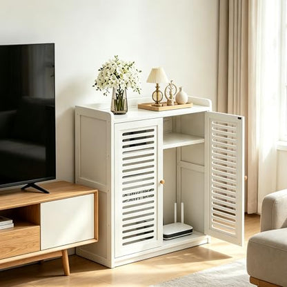 Router Storage Cabinet with Adjustable Shelves, Ventilated Doors, White
