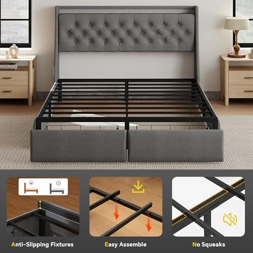 Queen Bed Frame with 2 Storage Drawer, Queen Size Bed Frame, Grey