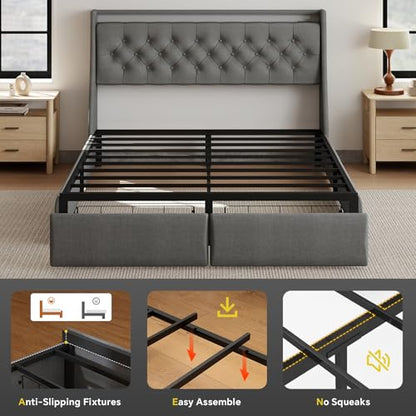 Queen Bed Frame with 2 Storage Drawer, Queen Size Bed Frame, Grey