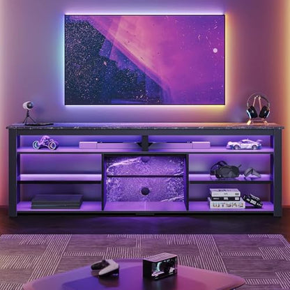 Tall TV Cabinet with LED & Storage, 80", Black Marble Gaming Stand