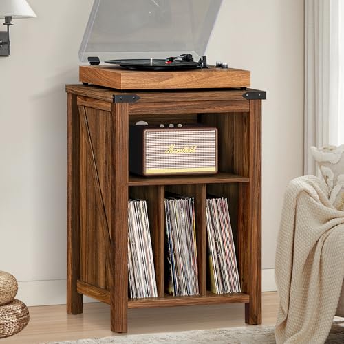Record Player Stand with Vinyl Record Storage,Rustic Brown