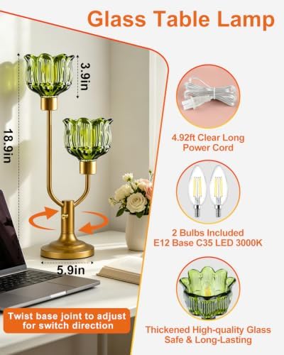 Flower Table Lamp for Bedroom Dimmable Vintage Green Glass Lamp