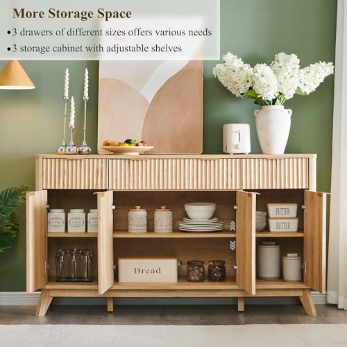 60 Inch Fluted Buffet Sideboard Cabinet, Natural Oak
