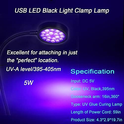 UV LED Black Light Clamp Light with USB, Upgraded 5W 395nm Portable Gooseneck Lamp with Clip for Gel Nail, Pet Urine Detection, UV Glue Curing, Blacklight Posters, Fluorescent Paint, Resin Art