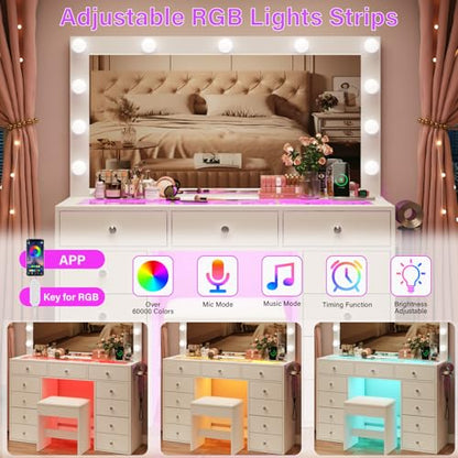 45" Large White Vanity Desk with Vibrant RGB Lighting.