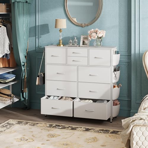10 Drawer White Fabric Dresser for Bedroom, Side Pockets Chest