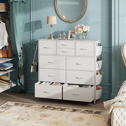 10 Drawer White Fabric Dresser for Bedroom, Side Pockets Chest