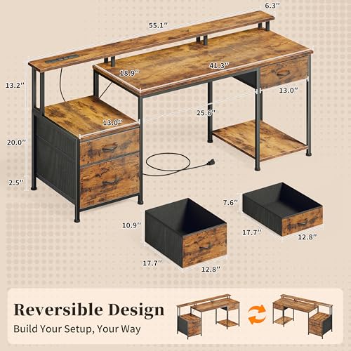 55" Computer Desk with File Drawer, Printer Space, Rustic Brown