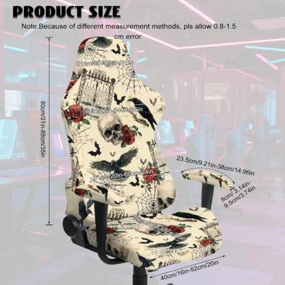 Halloween Vintage Skull Rose Gothic Gaming Chair Cover Stretchable Game Chair Slipcovers with 2 Armrest Covers, Scratch-Proof Gamer Desk Chair Covers for Computer Office Seat