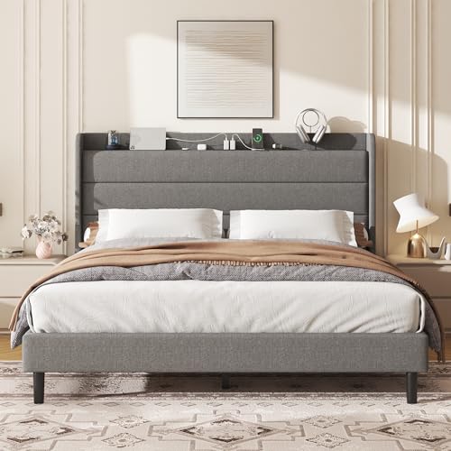 King Linen Multifunctional Bed with Charging Station & Storage Headboard