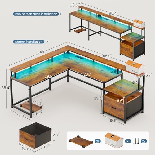66" Reversible L Shaped Office Desk with Power Outlet, File Drawer