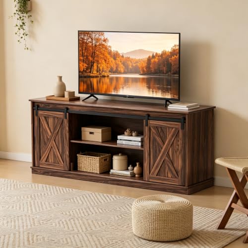 Farmhouse TV Stand for 65" TV, Media Console, Sliding Barn Doors
