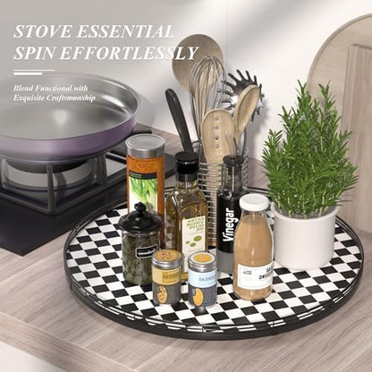 AMH 24-Inch Black and White Checkerboard Lazy Susan Decorative Tray