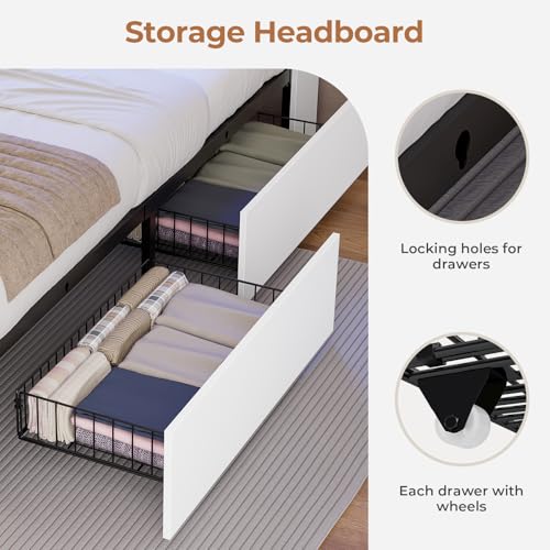 Twin Size Bed Frame with Storage Headboard & 4 Drawers, LED Lights, White