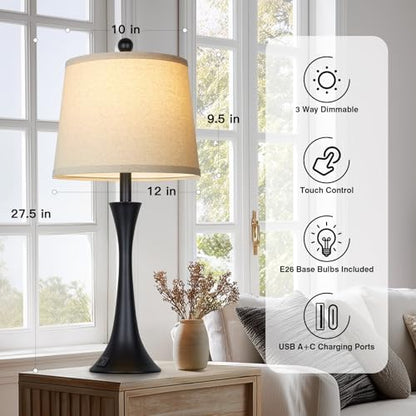 27.5" Black table Lamps for Living Room, Touch Control 3-Way Dimmable Bedside Nightstand Lamps Bedroom Lamp,Modern Black Table Lamp with USB A+C Ports,Tall Lamps for Living Room End Table（1Pack）