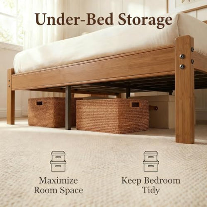 Bamboo Full Bed Frame with Farmhouse Headboard, Warm Brown Color
