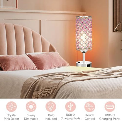 Hong-in Crystal Lamps Set of 2, 3 Way Dimmable Touch Lamp with Crystal Shade, Bedside Nightstand Lamps for Living Room Bedroom Home Office(Purple)