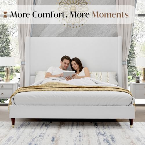 Queen Bed Frame Linen Upholstered 51.2" Tall Headboard, White