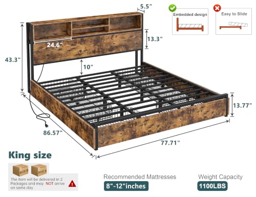 King Bed Frame with 6 Storage Drawers, Charge Station,Noise-Free