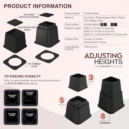 Adjustable Bed Risers 3 & 5 Inch, Black, 36-Pack
