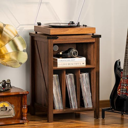 Record Player Stand with Vinyl Record Storage,Rustic Brown