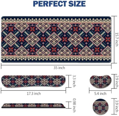 AIMSA Desk Mat Set Bohemian, Large Mouse Pad + Mouse Wrist Rest + Keyboard Wrist Support + Coaster, Navy Blue Gaming Mouse Pad Combo for Home Office