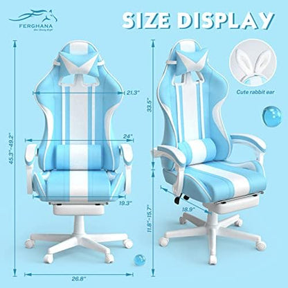Ferghana Blue Gaming Chair with Bunny Ear, Cute Massage Gaming Chairs for Adults & Teens, Office PC Gamer Chair with Footrest, Kawaii Computer Game Chair for Girls, Racing Reclining Silla Gamer