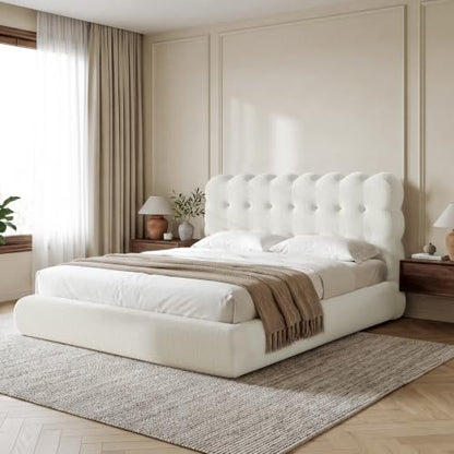 Upholstered Cloud Bed Frame Queen with Tufted Wave Headboard,Beige