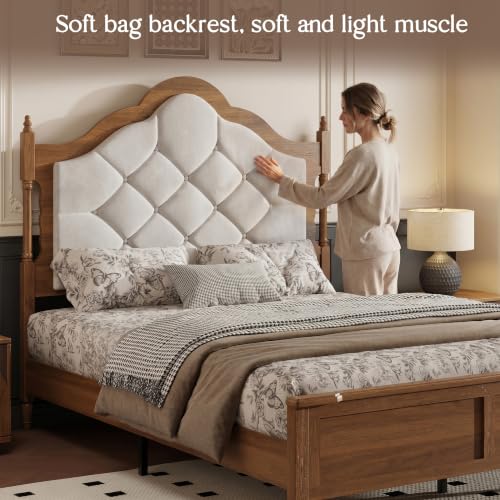 Queen Size Platform Bed Frame with Upholstered Headboard, Mid Century Modern Wood Bed Frame with Panel Footboard, No Box Spring Needed, Heavy Duty Support for Master Bedroom