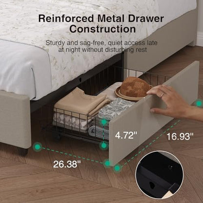 Queen Bed Frame with Drawers/Charging Station/LED Light, Beige