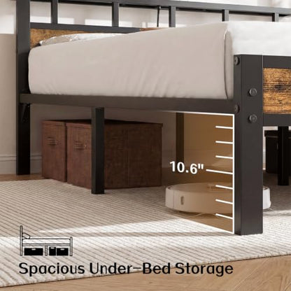 King Bed Frame with Charging Station and LED, Metal Platform Bed