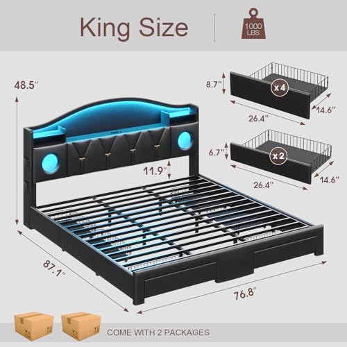 King Size Bed Frame with 6 Storage Drawers, King Bed Frame and Headboard