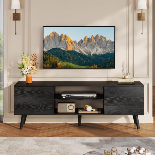 TV Stand for 55 60 Inch TV, Mid Century Modern, Black