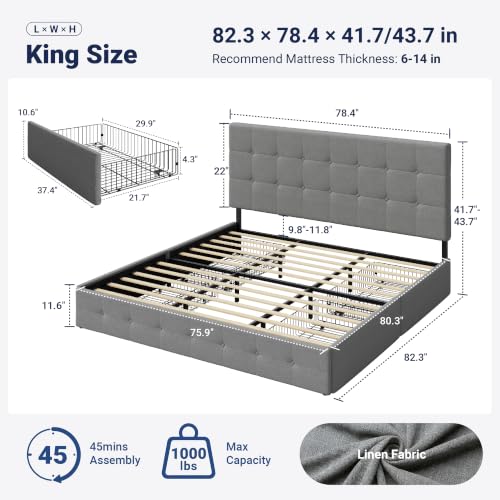 King Size Storage Bed Frame with 4 Underbed Drawers, Upholstered Platform Bed with Adjustable Headboard, Square Button Tufted, Easy Assembly, Noise-Free, No Box Spring Needed, Light Grey