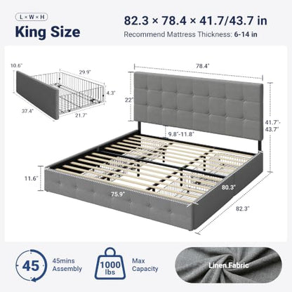 King Size Storage Bed Frame with 4 Underbed Drawers, Upholstered Platform Bed with Adjustable Headboard, Square Button Tufted, Easy Assembly, Noise-Free, No Box Spring Needed, Light Grey