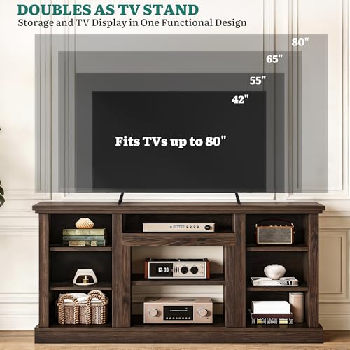 Farmhouse TV Stand with Adjustable Shelves & Open Storage, Walnut