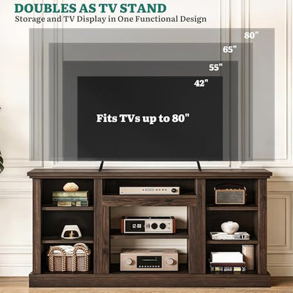 Farmhouse TV Stand with Adjustable Shelves & Open Storage, Walnut
