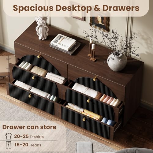 Arched Fluted Dresser for Bedroom 6 Drawers 55" Wide Walnut Black