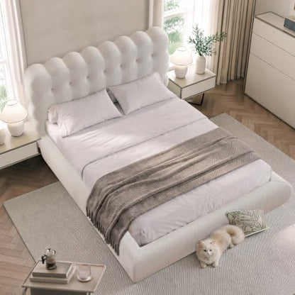 Upholstered Cloud Bed Frame Queen with Tufted Wave Headboard,Beige