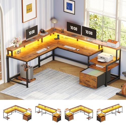 66" Reversible L Shaped Office Desk with Power Outlet, File Drawer