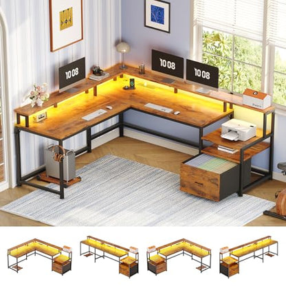 66" Reversible L Shaped Office Desk with Power Outlet, File Drawer