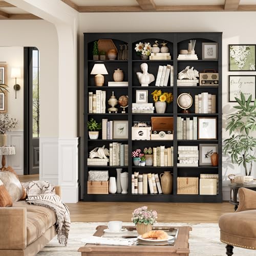 71" Triple Wide Bookshelf, 6 Tier Large Arch Black Bookcase
