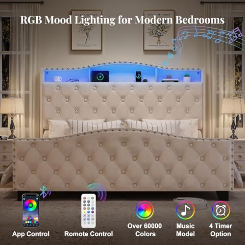 Platform Bed Frame with 50.9" LED Headboard, Queen Beige