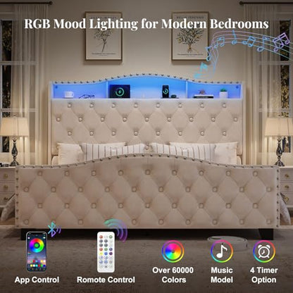 Platform Bed Frame with 50.9" LED Headboard, Queen Beige