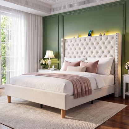Queen Upholstered Bed Frame with RGB LED Lights and Charging Station