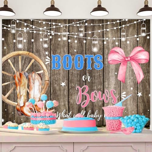 Sensfun Boots or Bows Gender Reveal Backdrop Boy or Girl Baby Shower Party Decorations Rustic Wooden Cowboy Boots Pink Bow Photography Background Western Gender Reveal Banner Photo Booth Props 8x6ft - size: 8x6ft