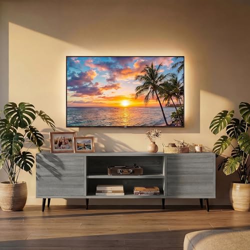 58 Inch Mid-Century Modern TV Stand with Storage, Gray